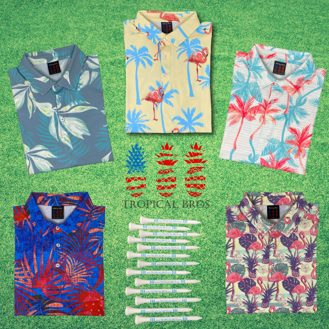 Collection of tropical-themed shirts and golf tees on a green background