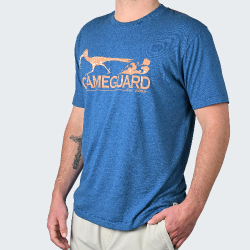 Blue t-shirt with orange graphic and text on a white background