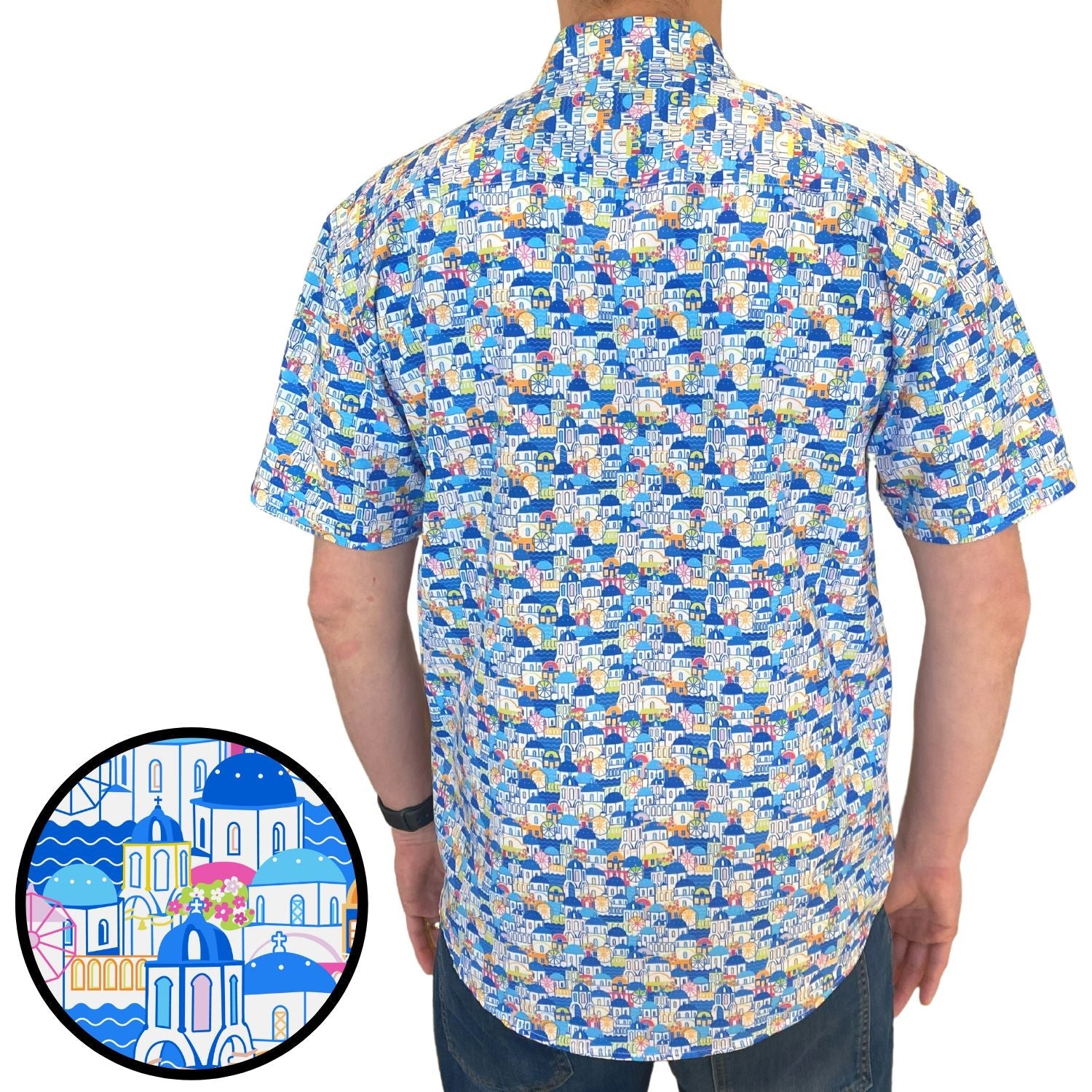 Short-sleeve shirt with a colorful pattern of buildings and blue sky on a white background
