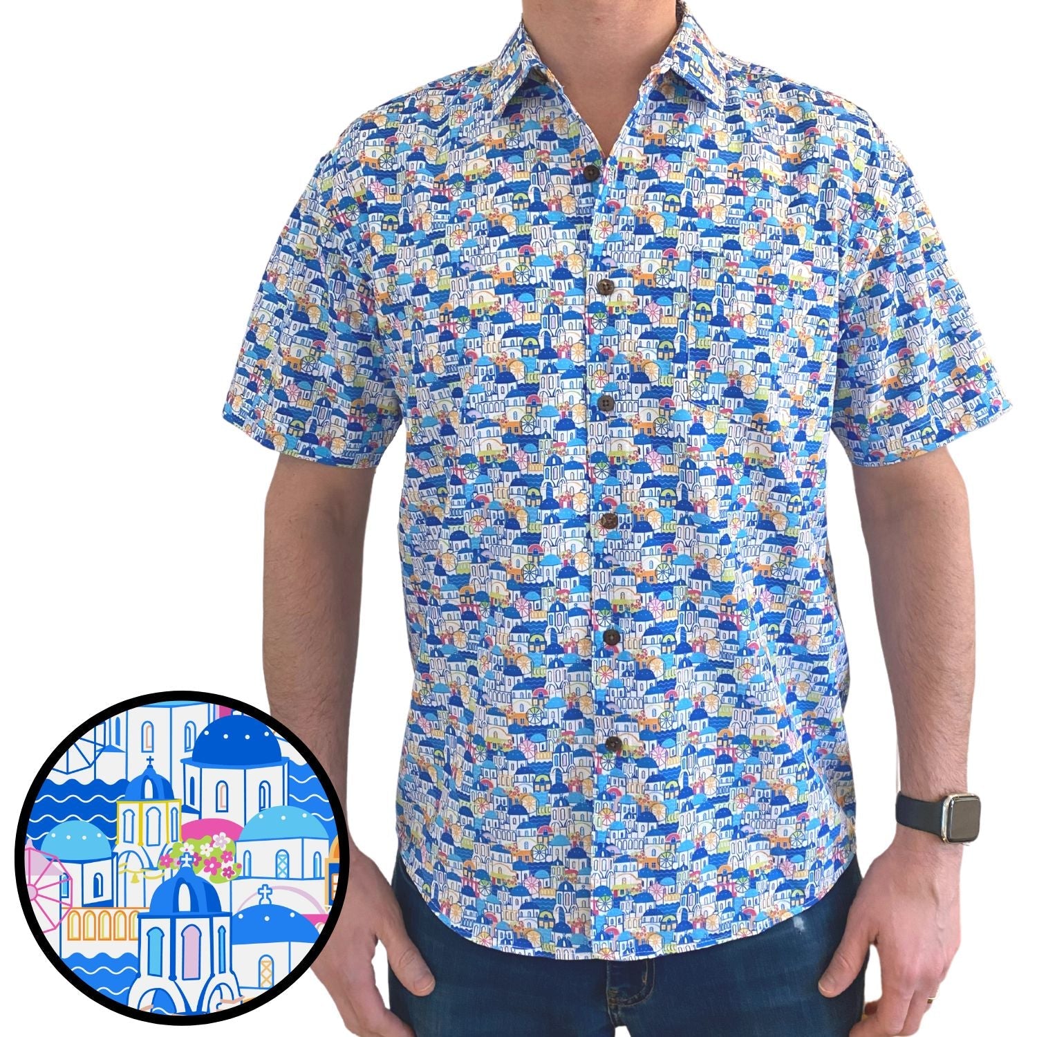 Short-sleeve shirt with colorful pattern on a white background