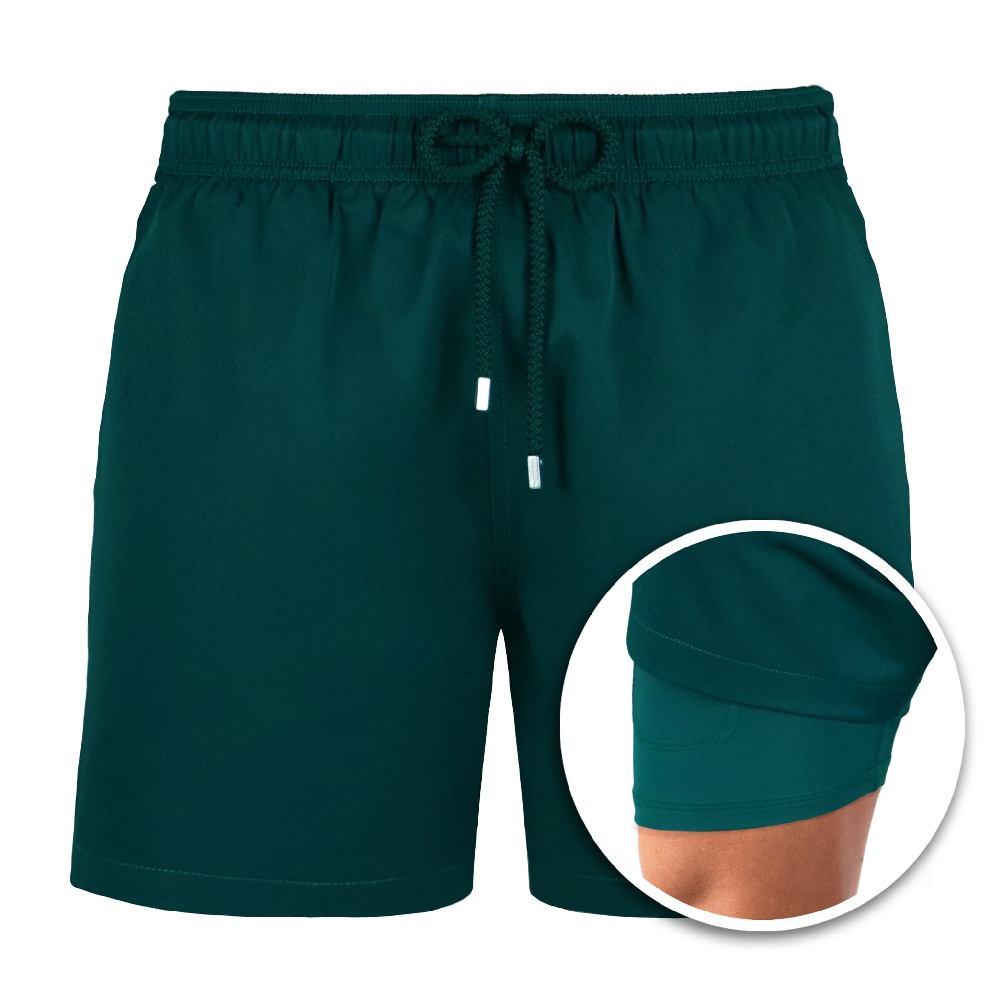 Green shorts with a close-up inset showing a pocket detail on a white background