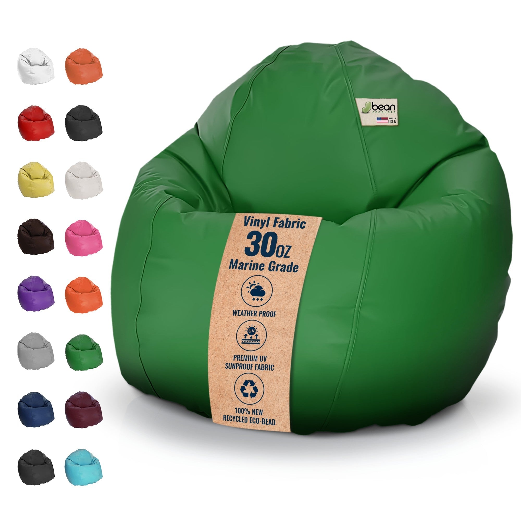 Green bean bag chair with vinyl fabric and 30 oz marine grade label, surrounded by color swatches.