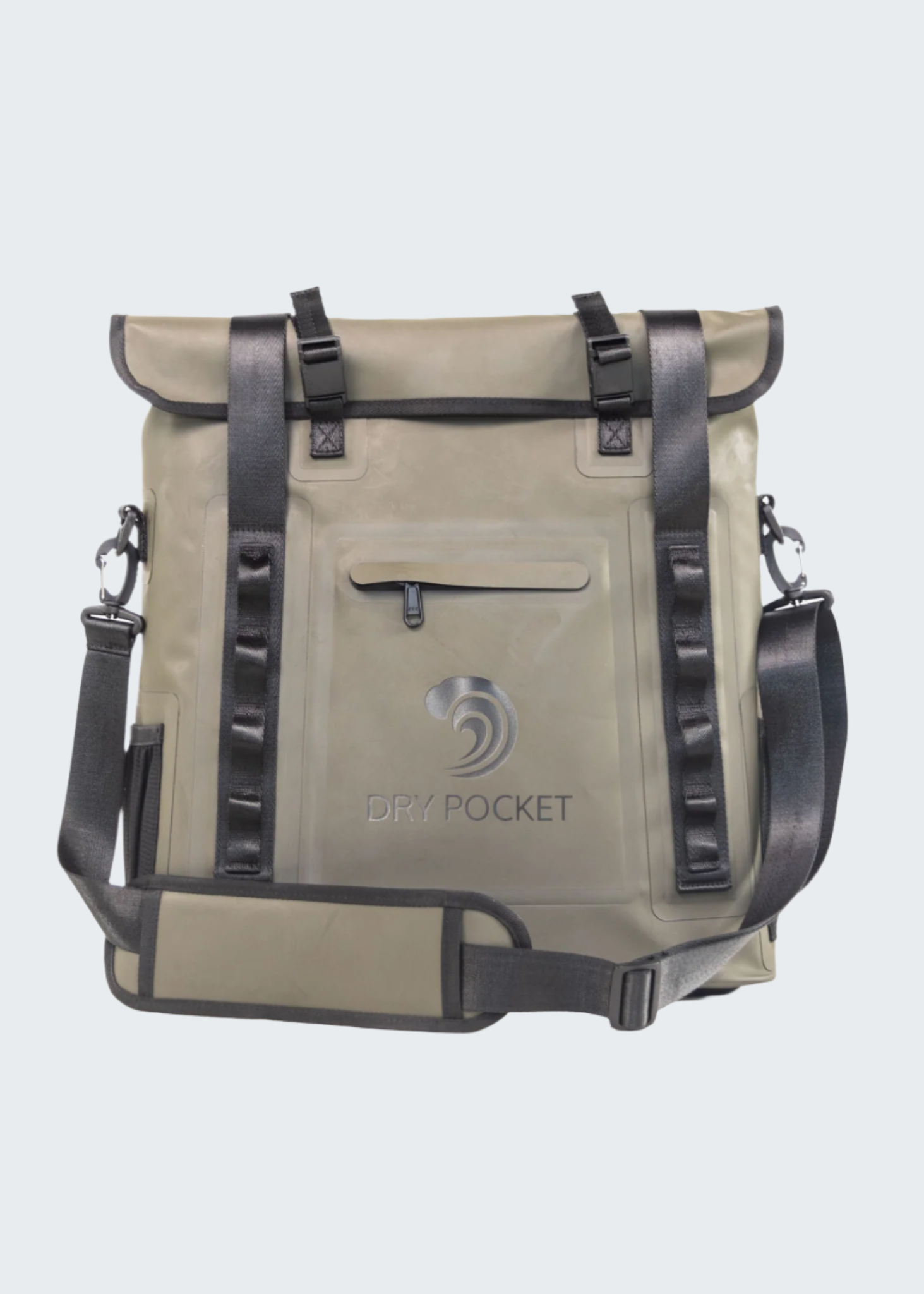 Beige roll-top bag with black straps and a visible brand logo on a white background