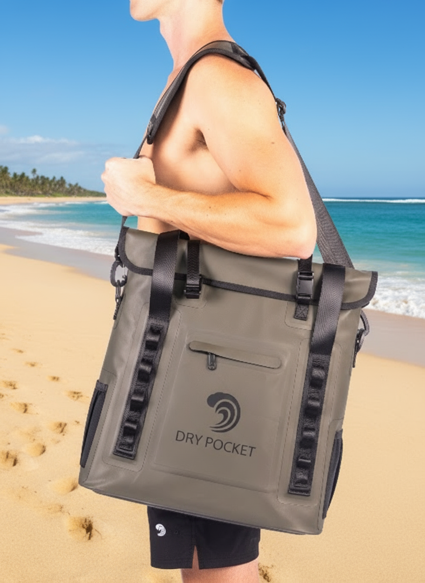 Person carrying a green dry bag with 'Dry Pocket' branding on a white background