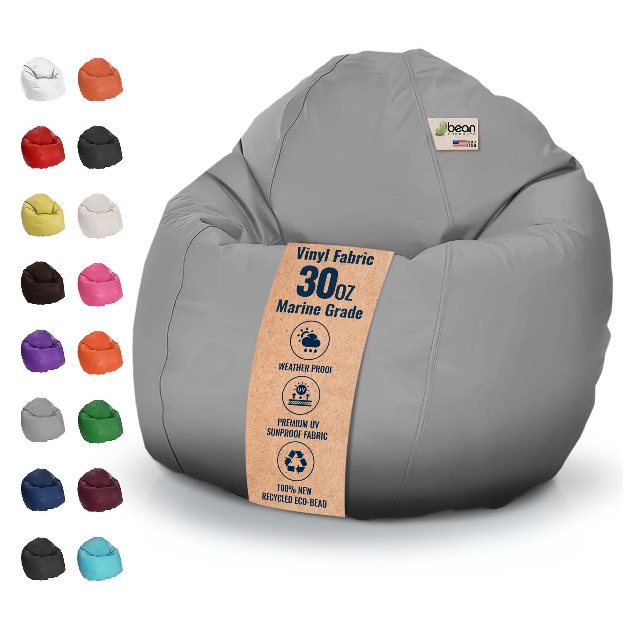 Gray bean bag chair with vinyl fabric details and color swatches on a white background