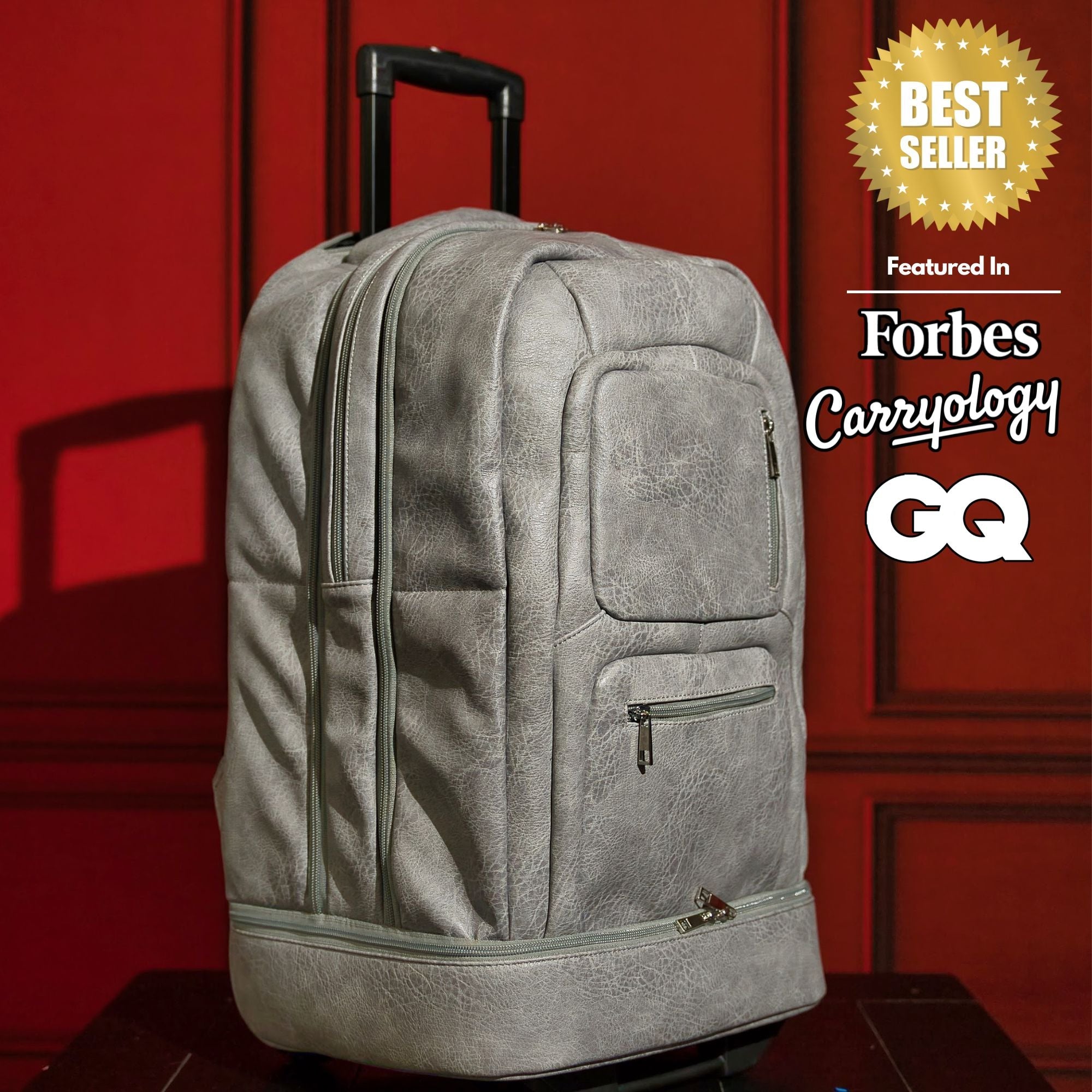 Gray suitcase with 'Best Seller' badge and 'Forbes Carryology' and 'GQ' logos on a red background