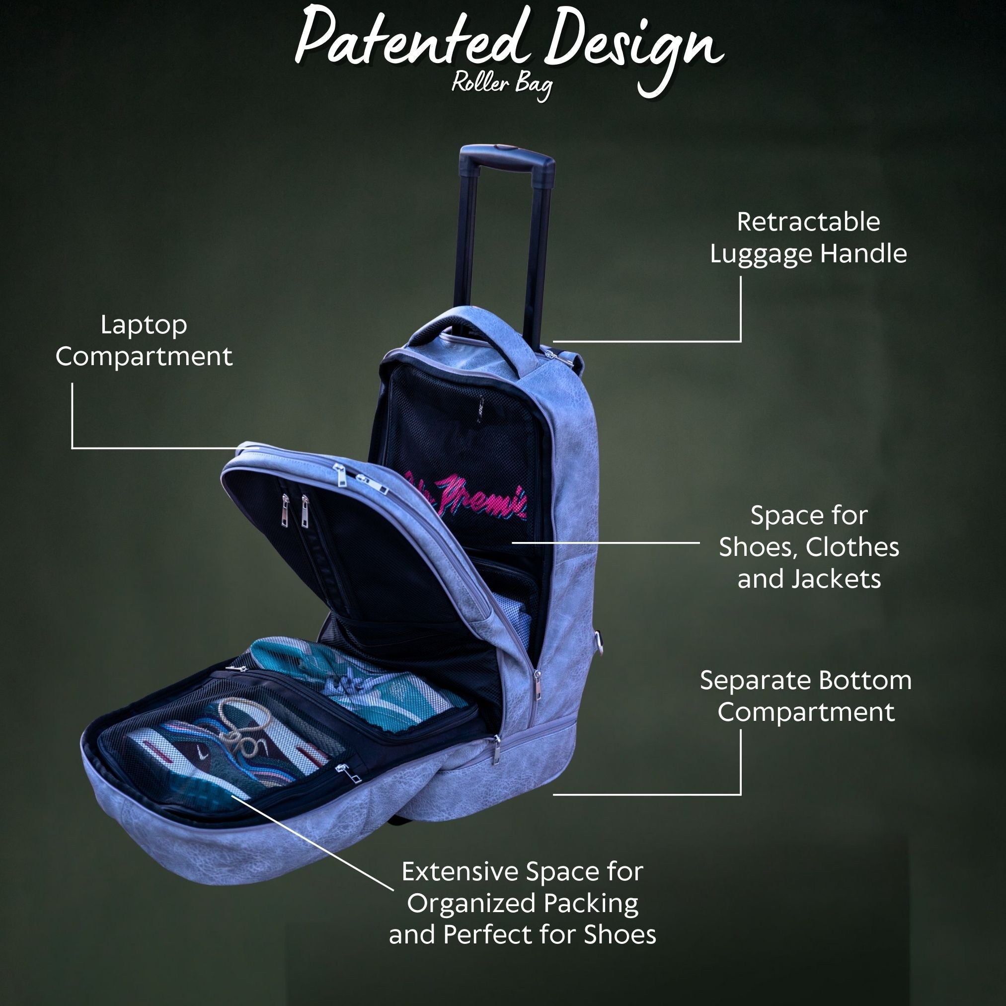 Roller bag with labeled compartments on a dark background