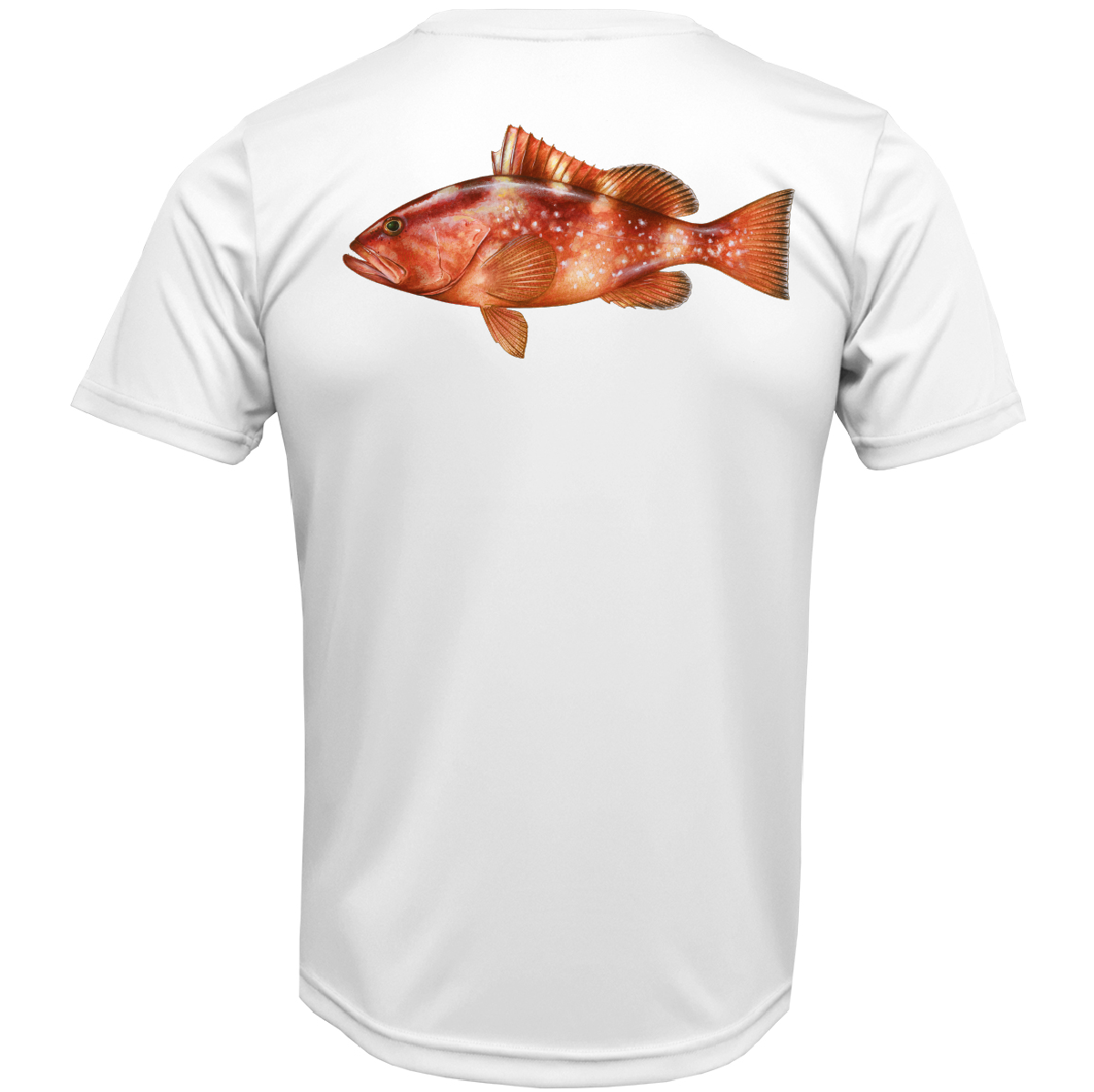 White t-shirt with a red fish graphic on a white background