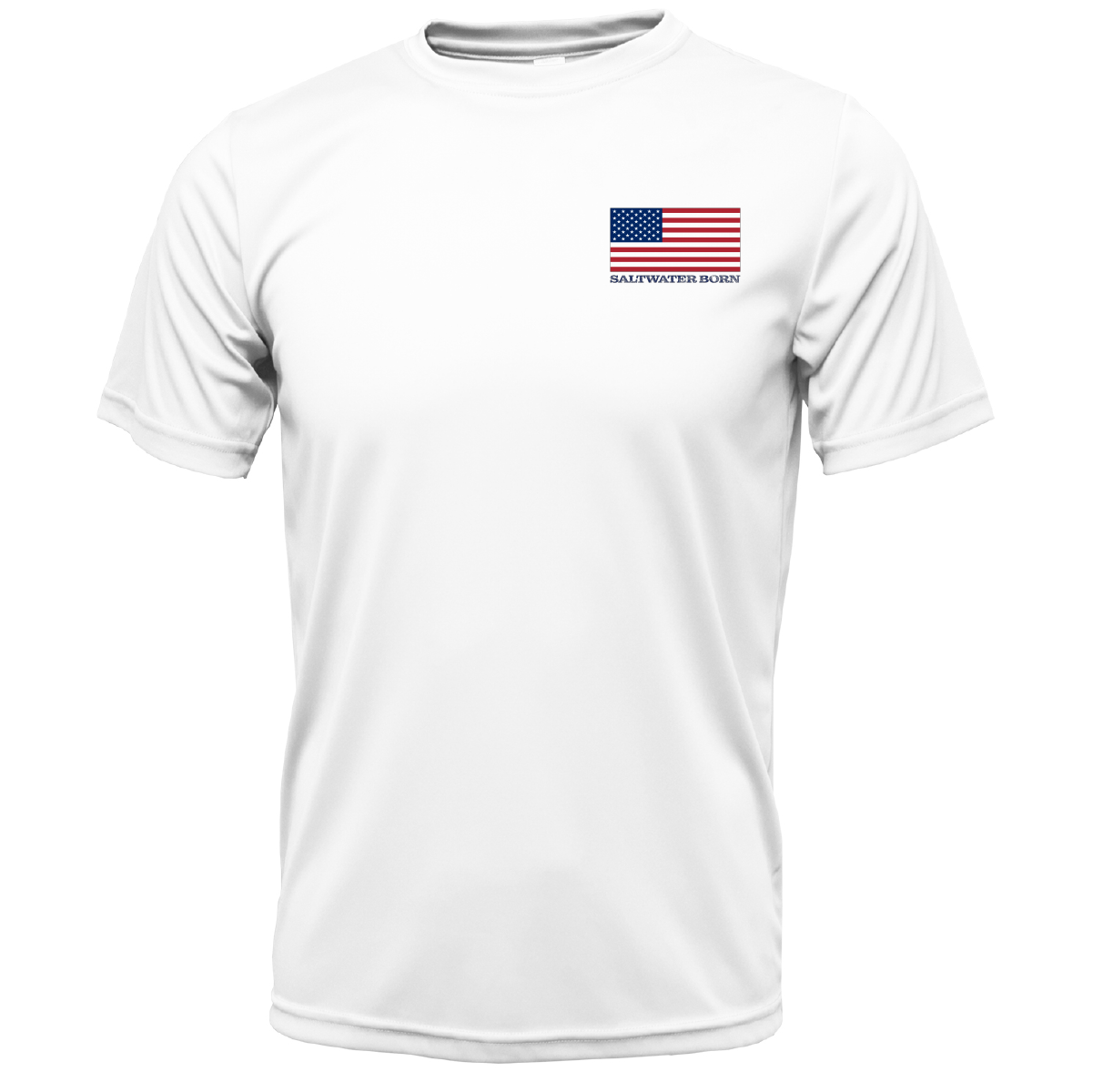 White t-shirt with American flag and 'Saltwater Born' text on a white background