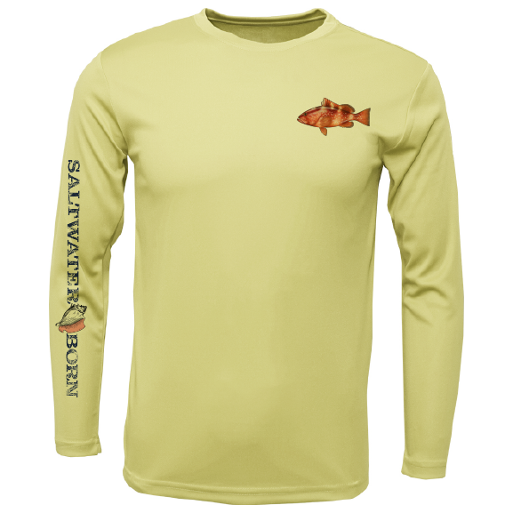 Yellow long-sleeve shirt with fish design and 'Saltwater Born' text on a white background