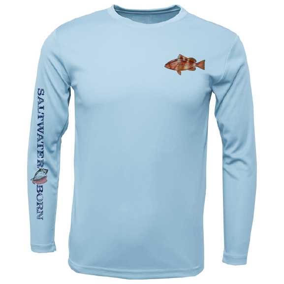 Light blue long-sleeve shirt with fish design and 'Saltwater Born' text on a white background