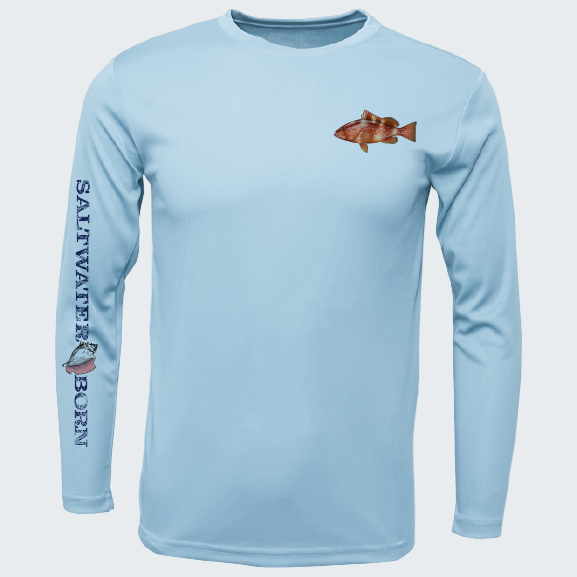 Light blue long-sleeve shirt with fish design and 'Saltwater Born' text on a white background