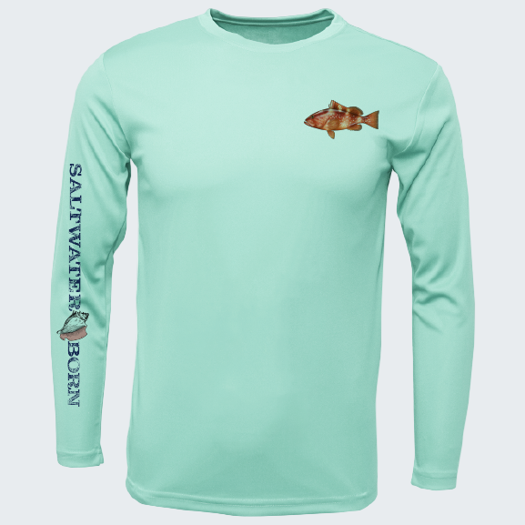 Light blue long-sleeve shirt with fish design and 'Saltwater Born' text on sleeve, on a white background.