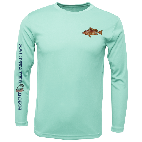 Light blue long-sleeve shirt with fish design and 'Saltwater Born' text on sleeve, on a white background.