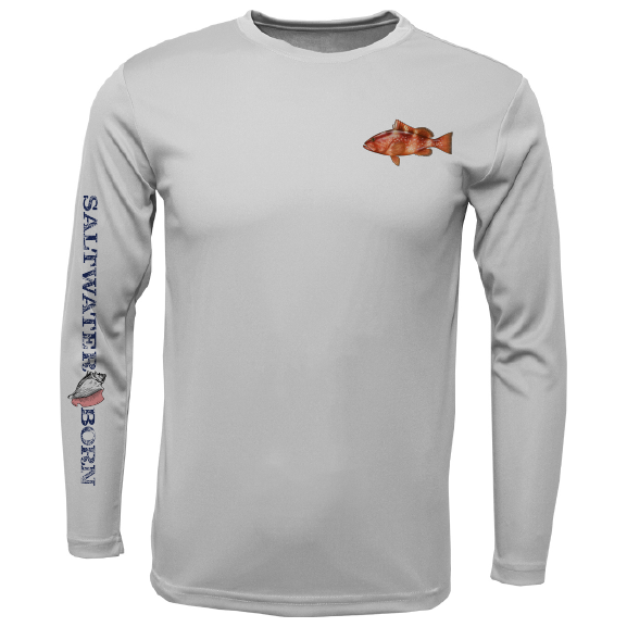 Gray long-sleeve shirt with fish design and 'Saltwater Born' text on a white background