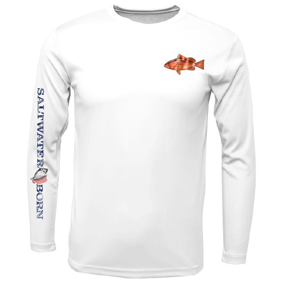 White long-sleeve shirt with fish design and 'Saltwater Born' text on a white background