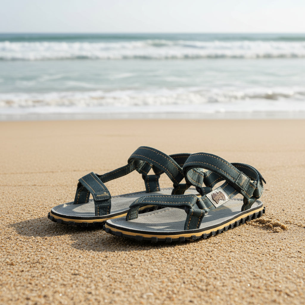 Pair of gray sandals with straps on a white background