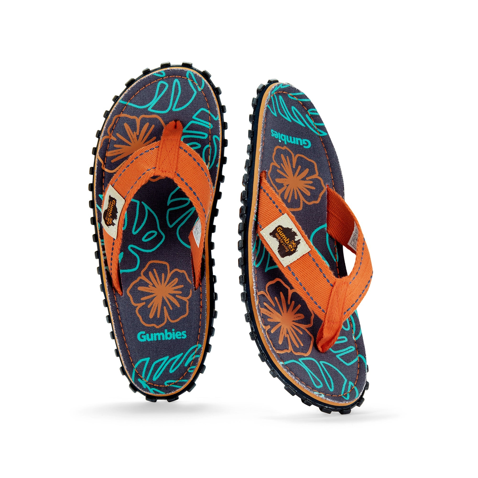 Pair of flip-flops with floral design on a white background