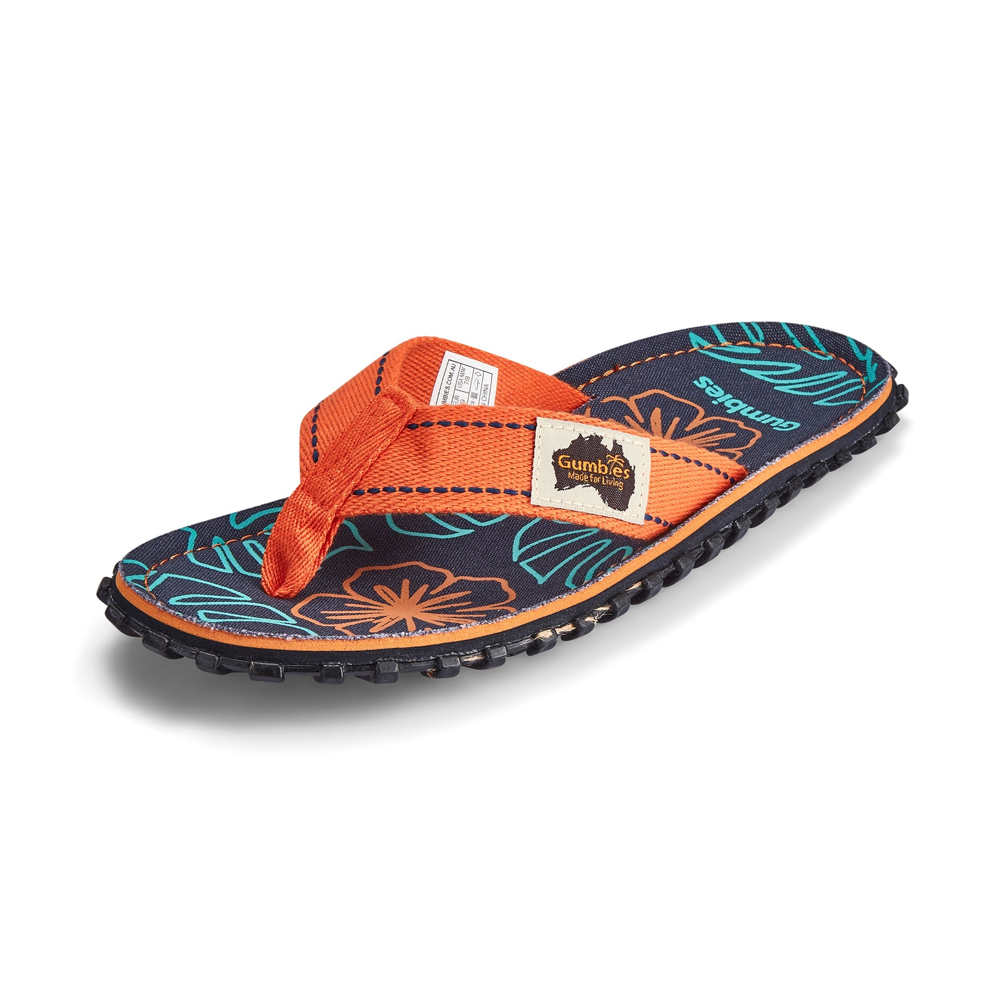 Flip-flop sandal with orange strap and floral pattern on a white background