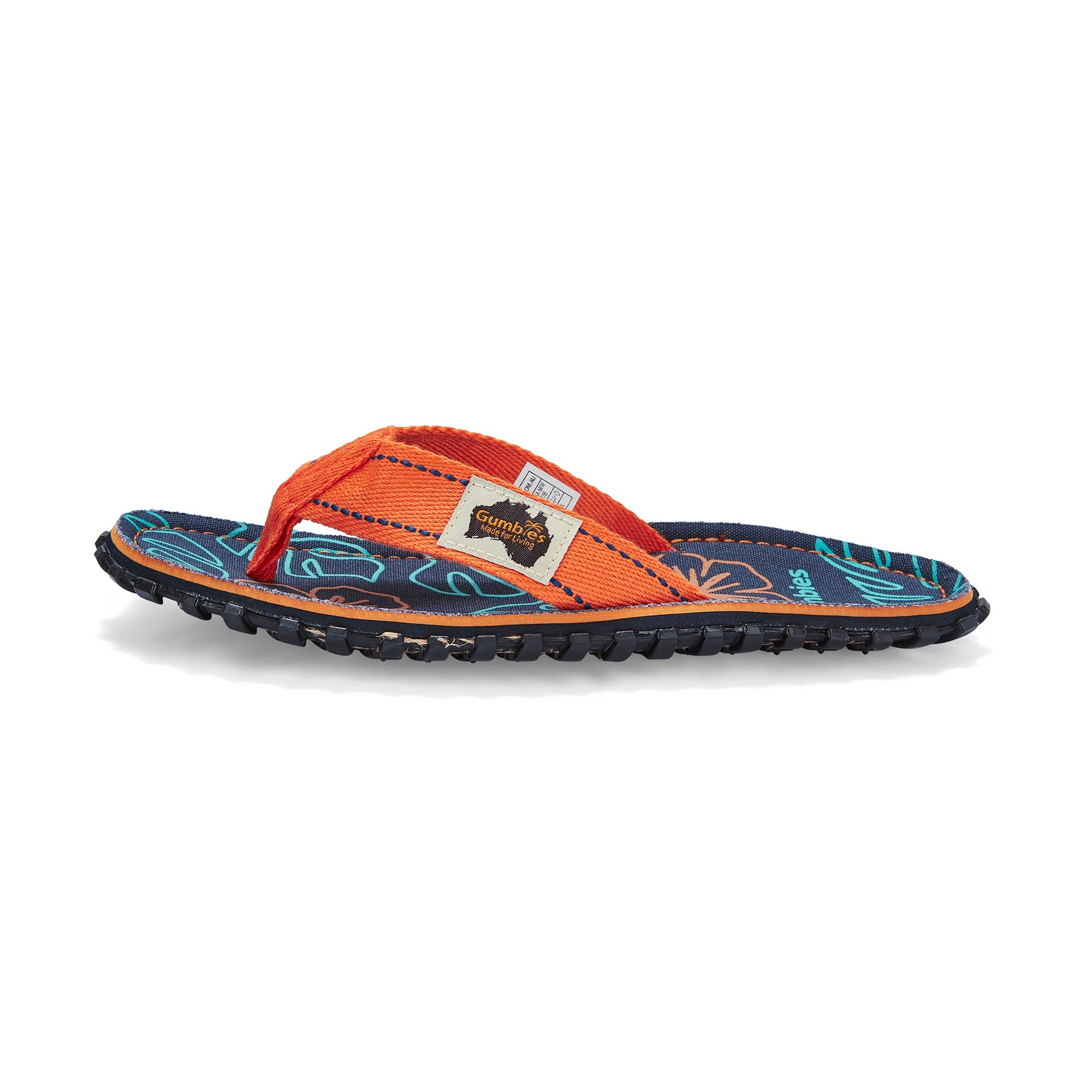 Orange and blue sandal with a brand logo on a white background
