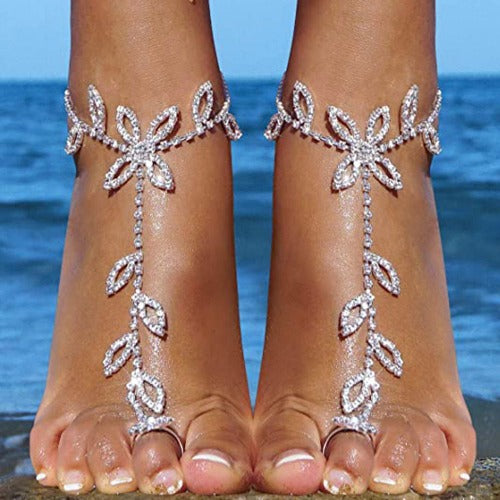 Anklet with Rhinestone Leaf Toe Ring