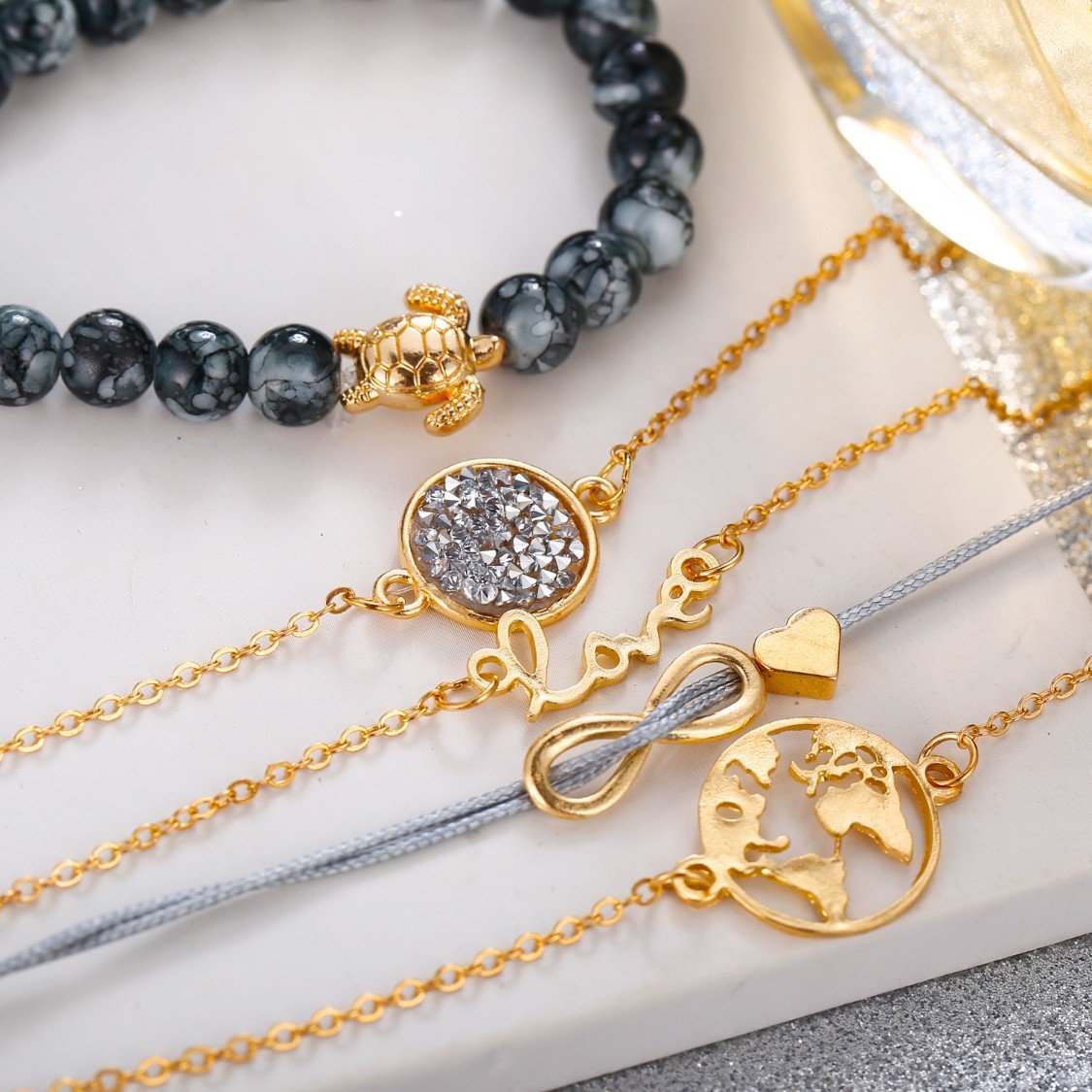 Druzy Peace and Love Around The World Five Piece Bracelet
