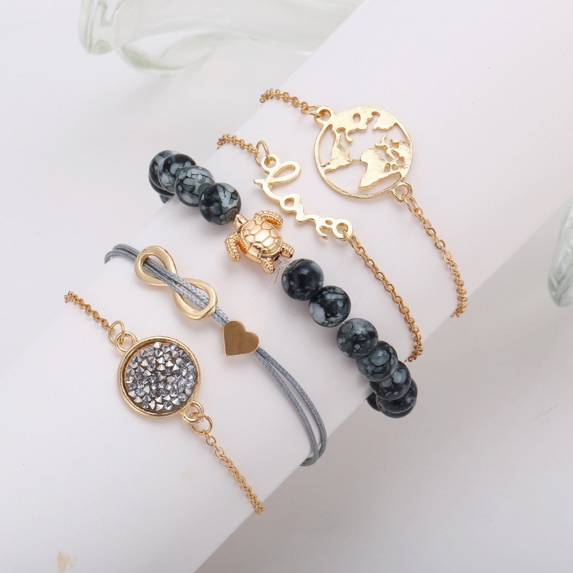 Druzy Peace and Love Around The World Five Piece Bracelet