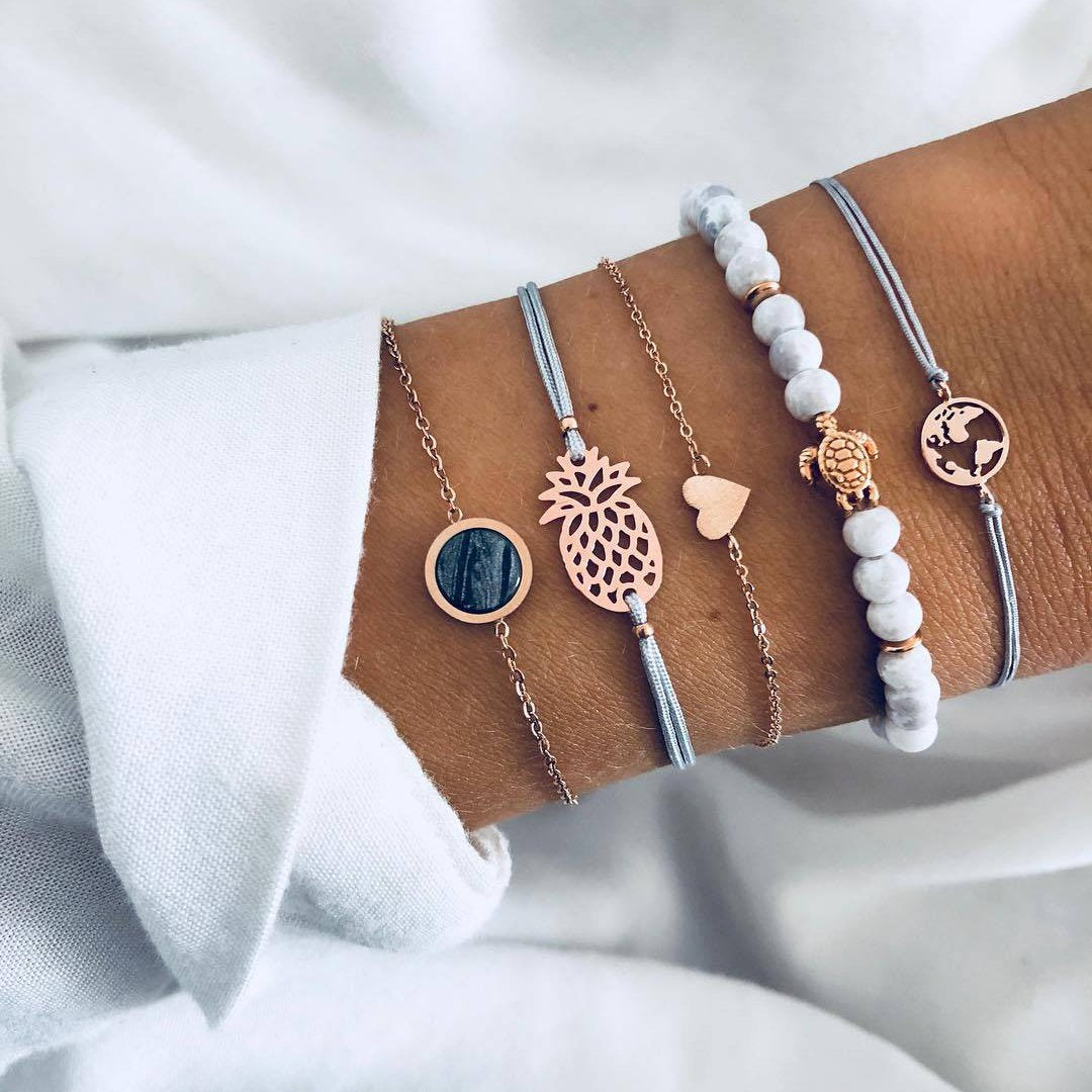 Pineapple Express Black Marble Five Piece Bracelet Set