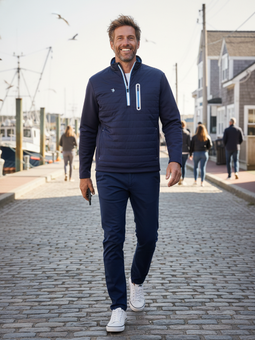 Man in navy blue outfit walking on a street with buildings and people in the background