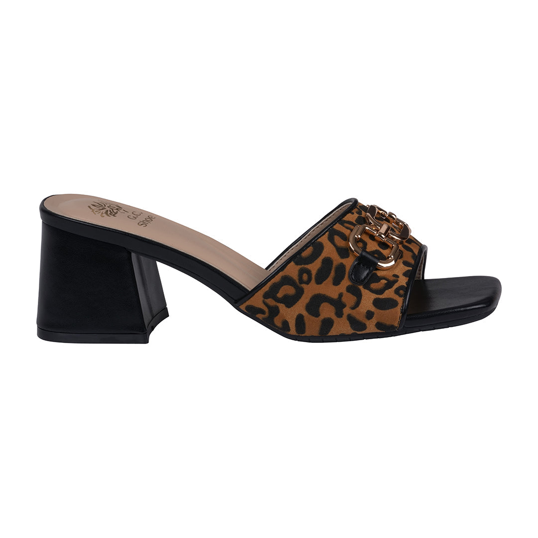 Leopard print sandal with a black block heel on a white background