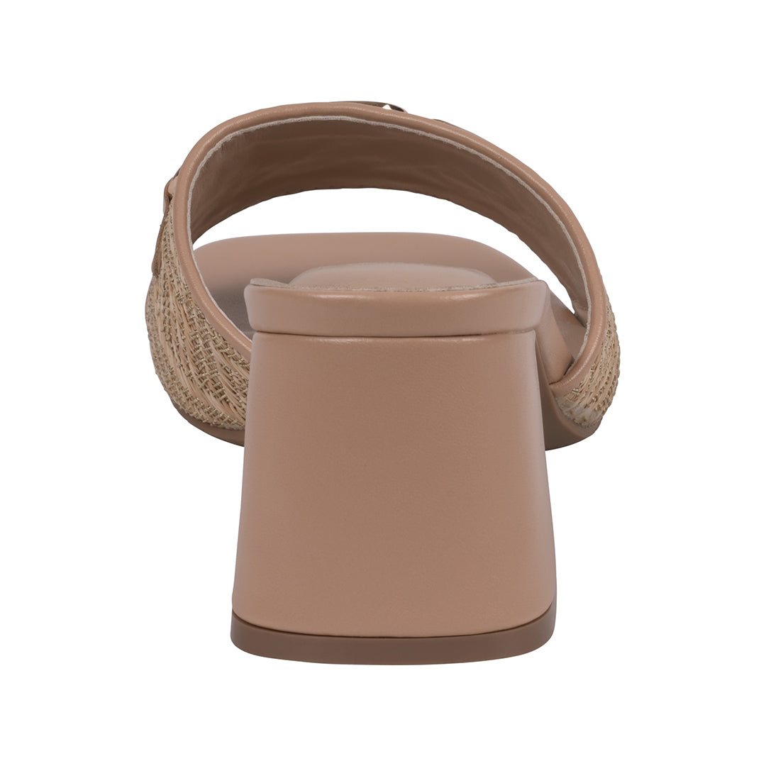 Beige sandal with woven design on a white background