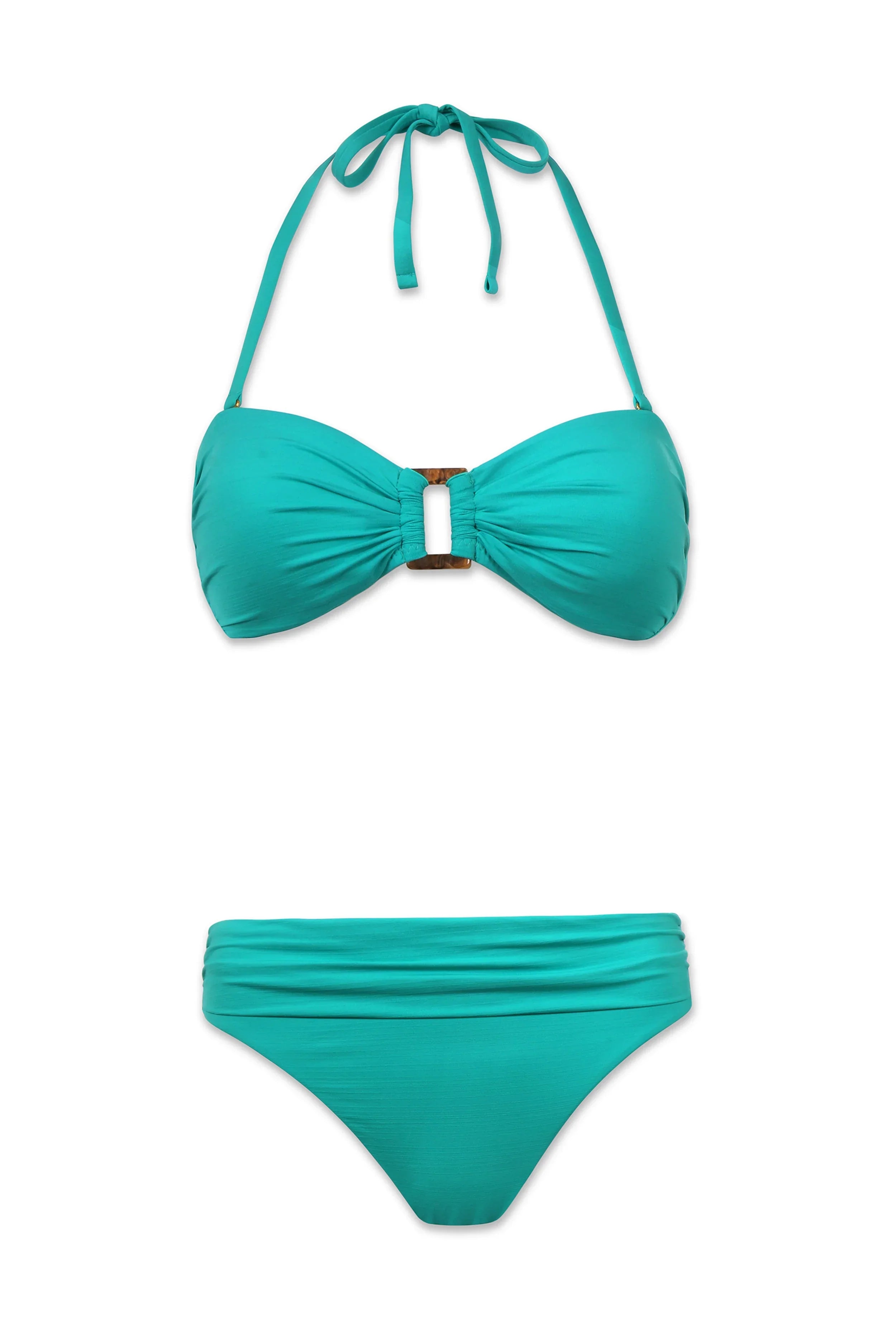 Teal bikini set with a halter top and matching bottoms on a white background