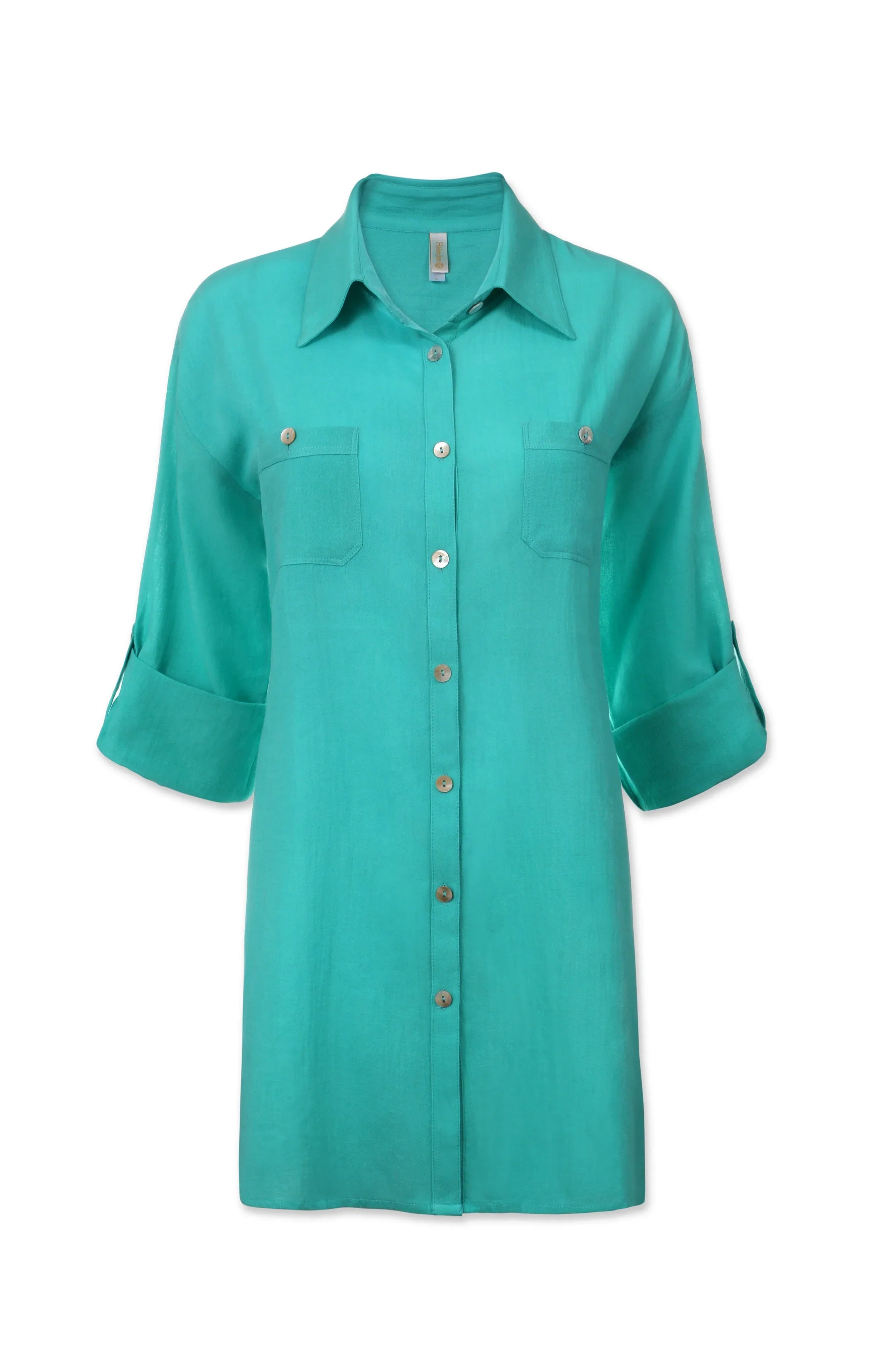 Teal button-up shirt on a white background