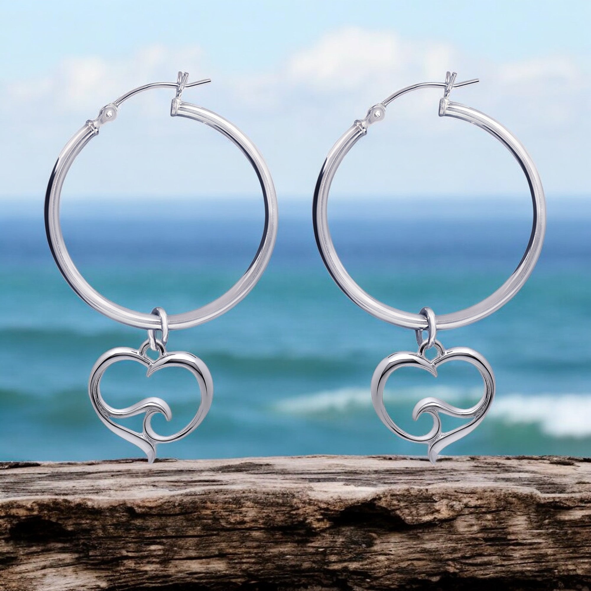 Ocean Wave Heart Hoop Earrings Sterling Silver