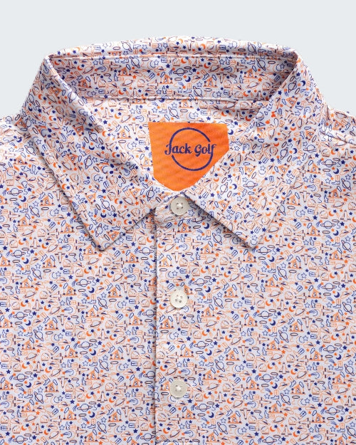 Patterned shirt with a Jack Golf label on a white background