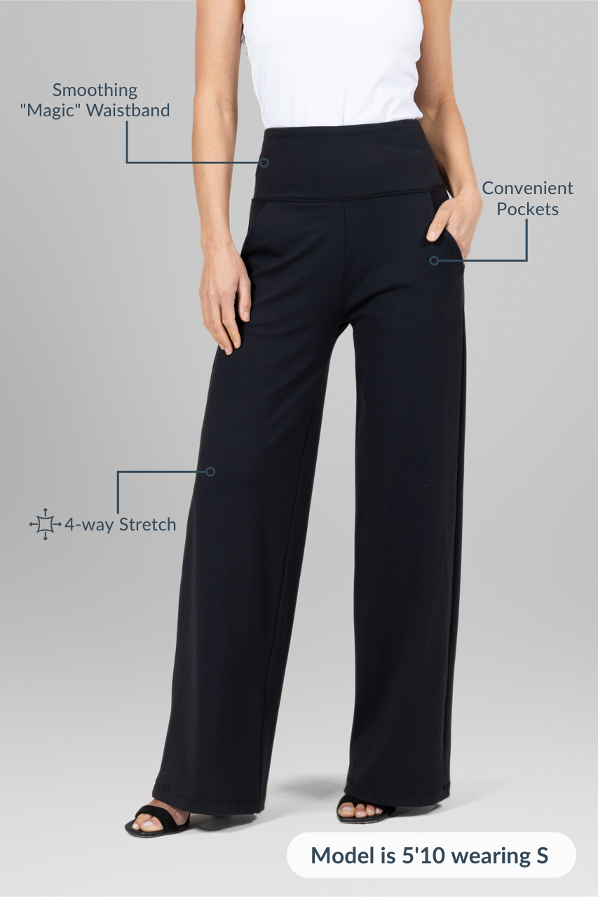 Black pants with labeled features on a gray background