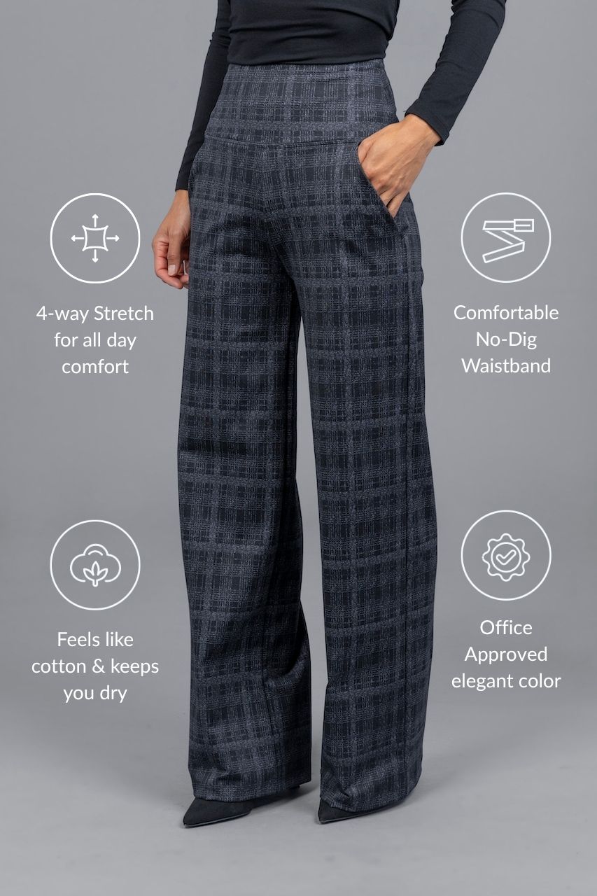 Plaid pants with text highlighting features on a gray background