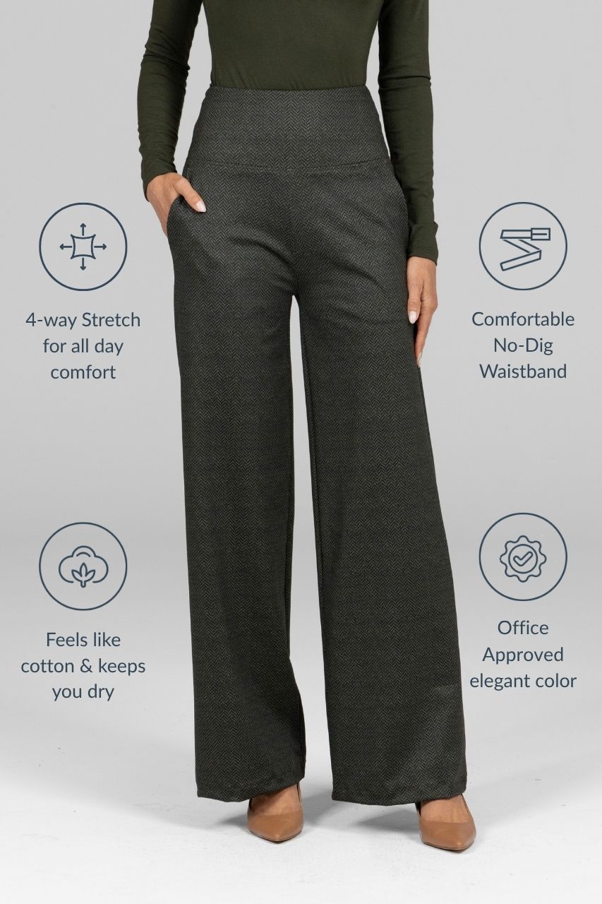 Dark gray wide-leg pants worn by a person on a light gray background with text highlighting features.
