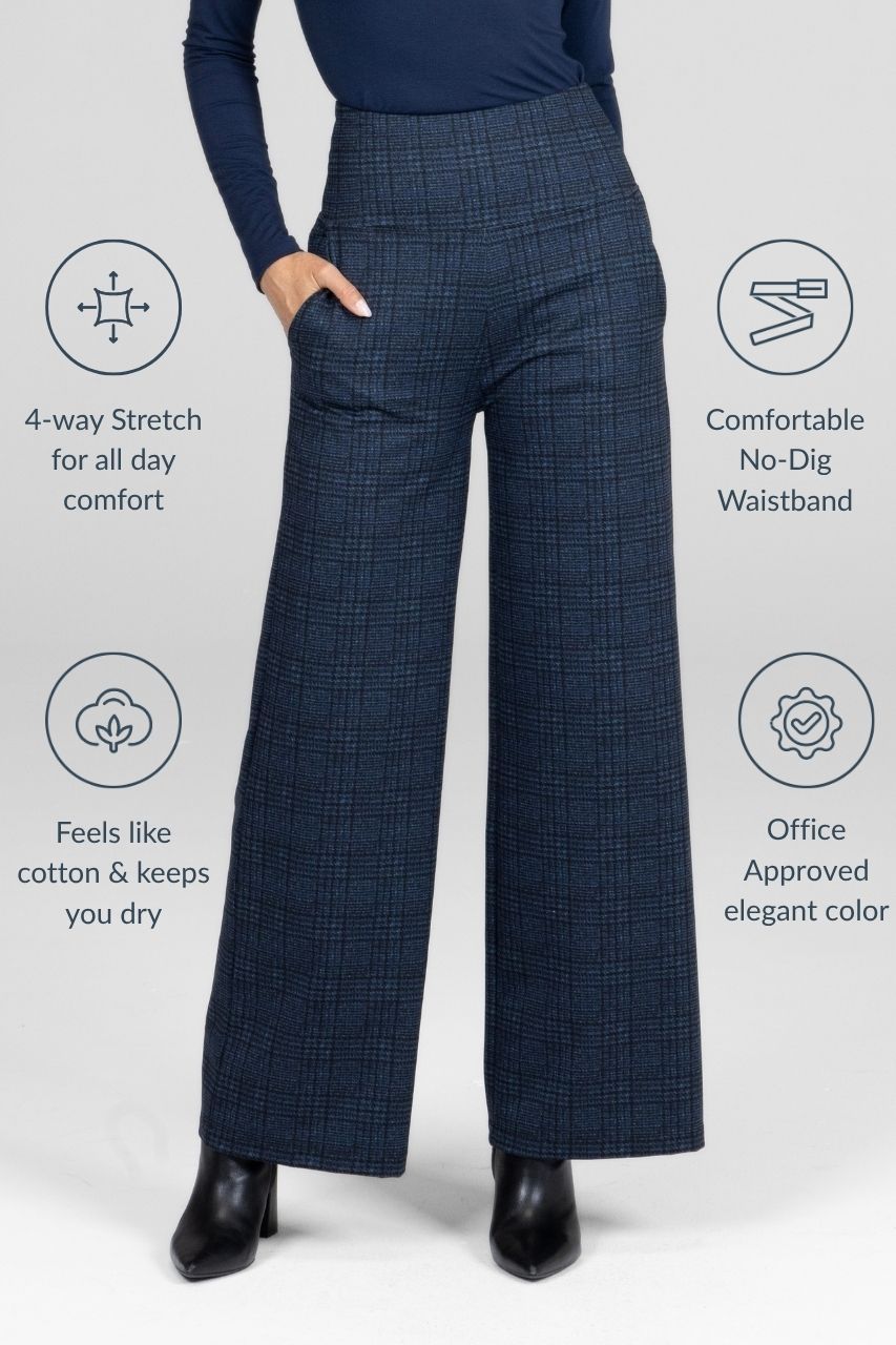 Navy plaid pants with text highlighting features on a light gray background