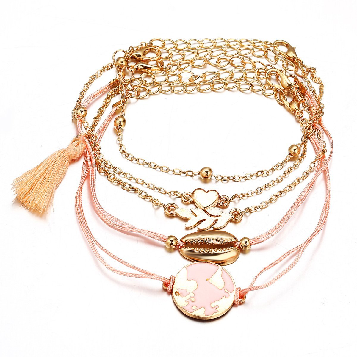 Five Piece Pink Global Tassel Bracelet Set