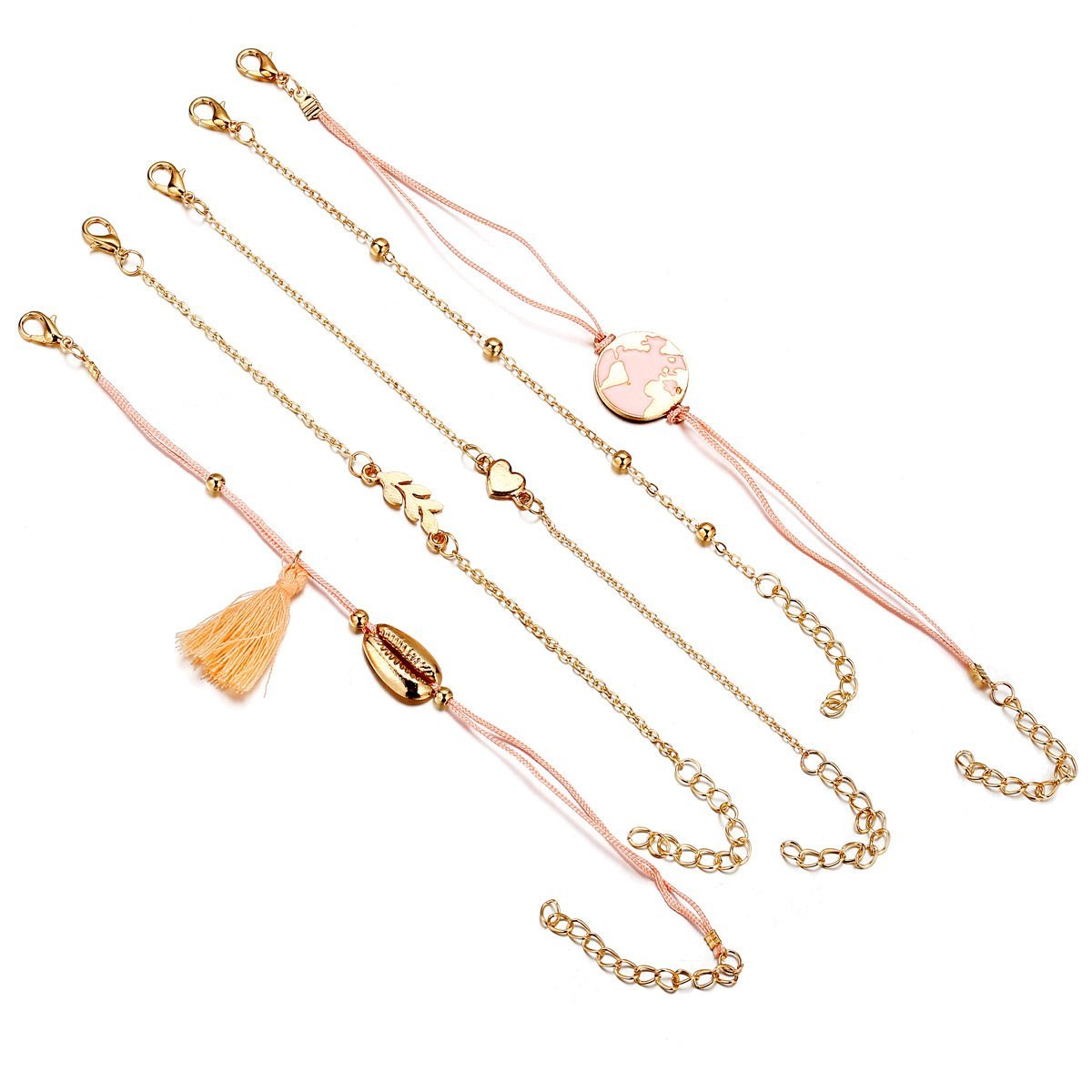 Five Piece Pink Global Tassel Bracelet Set