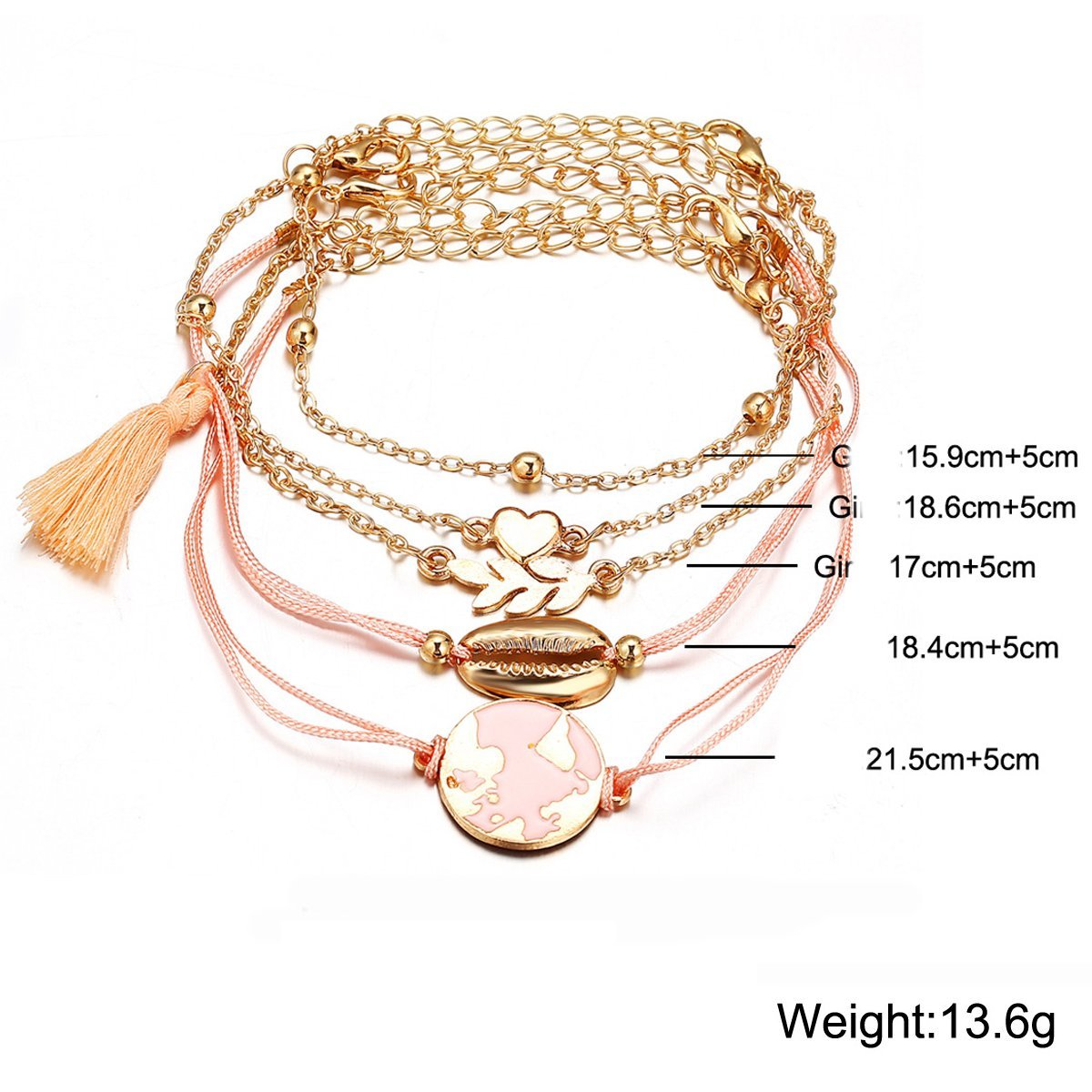 Five Piece Pink Global Tassel Bracelet Set