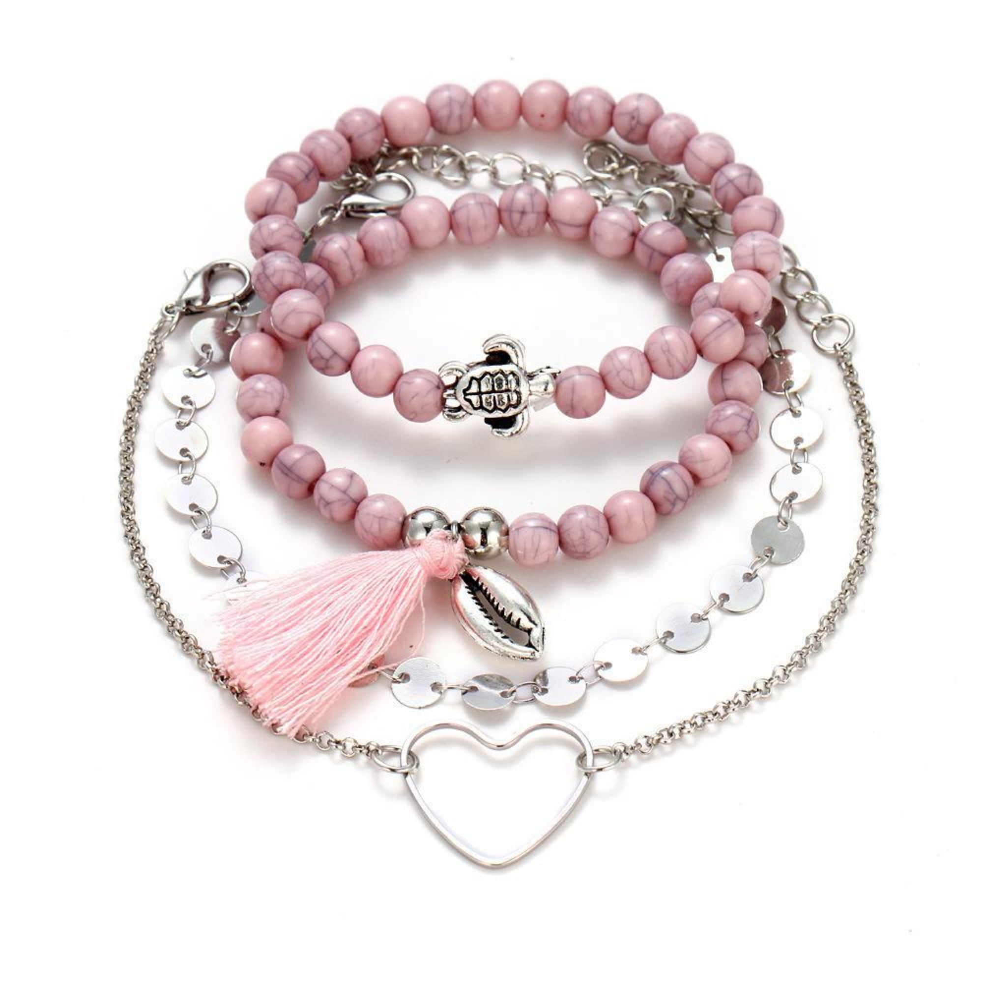 Four Piece Pink Tassel Bracelet Set 
