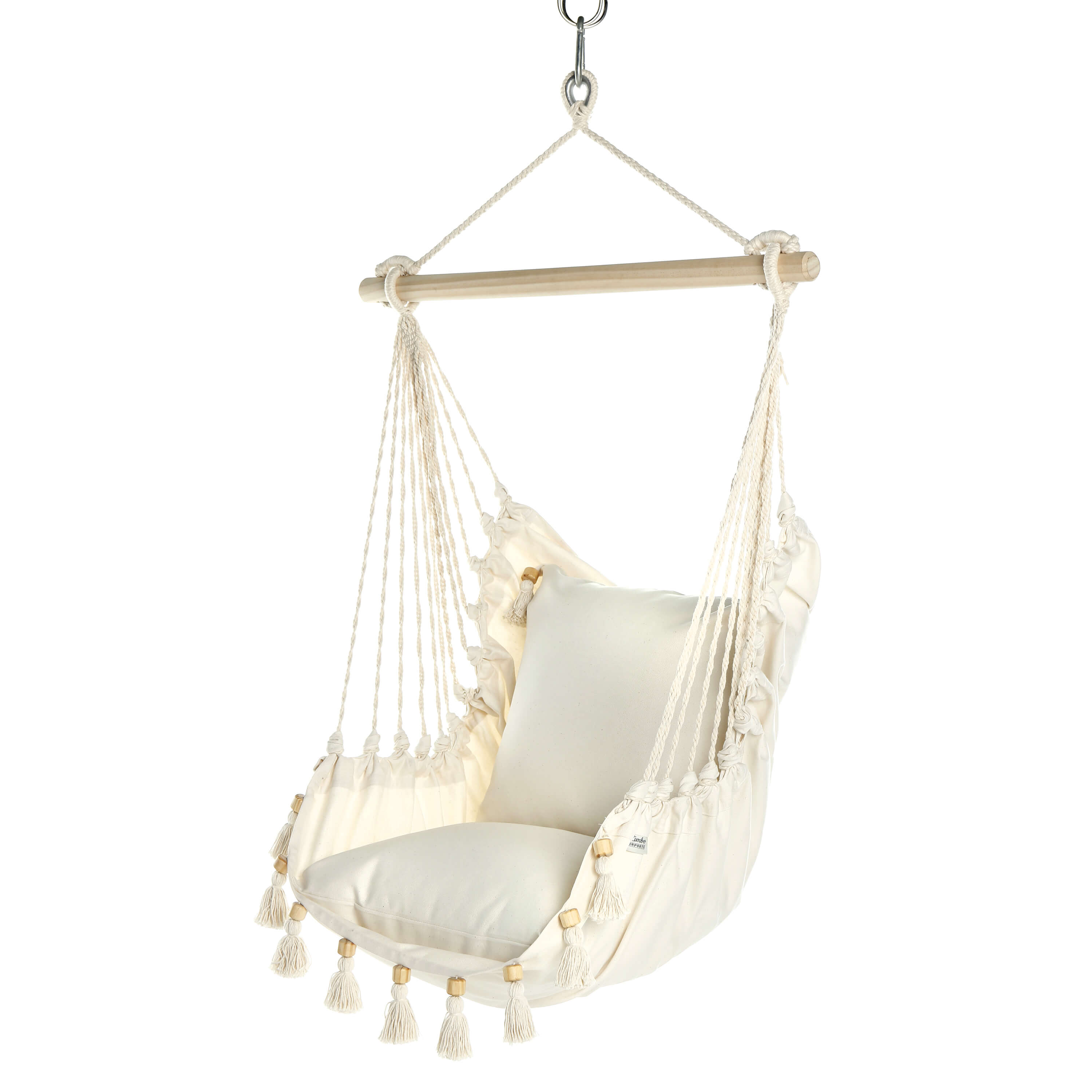 White hanging chair with cushions on a white background