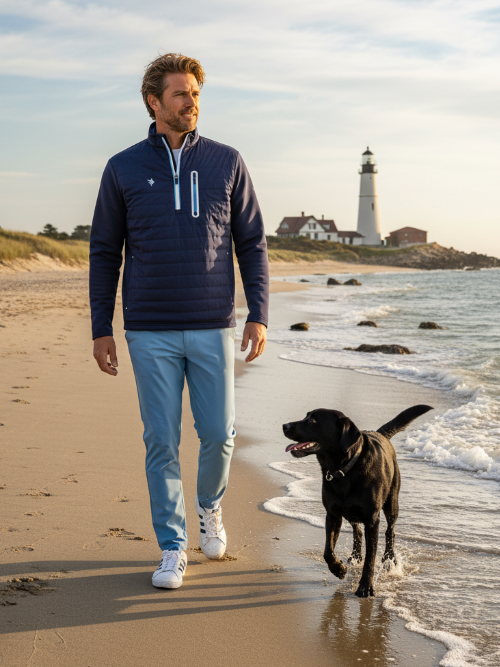 Man walking a dog on a beach with a lighthouse in the background