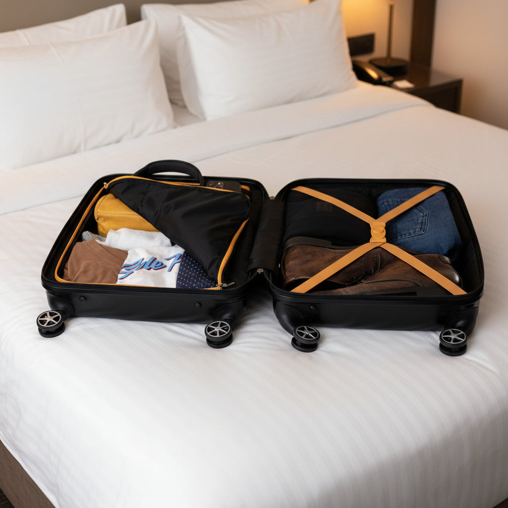 Open suitcase with clothes and items on a white background