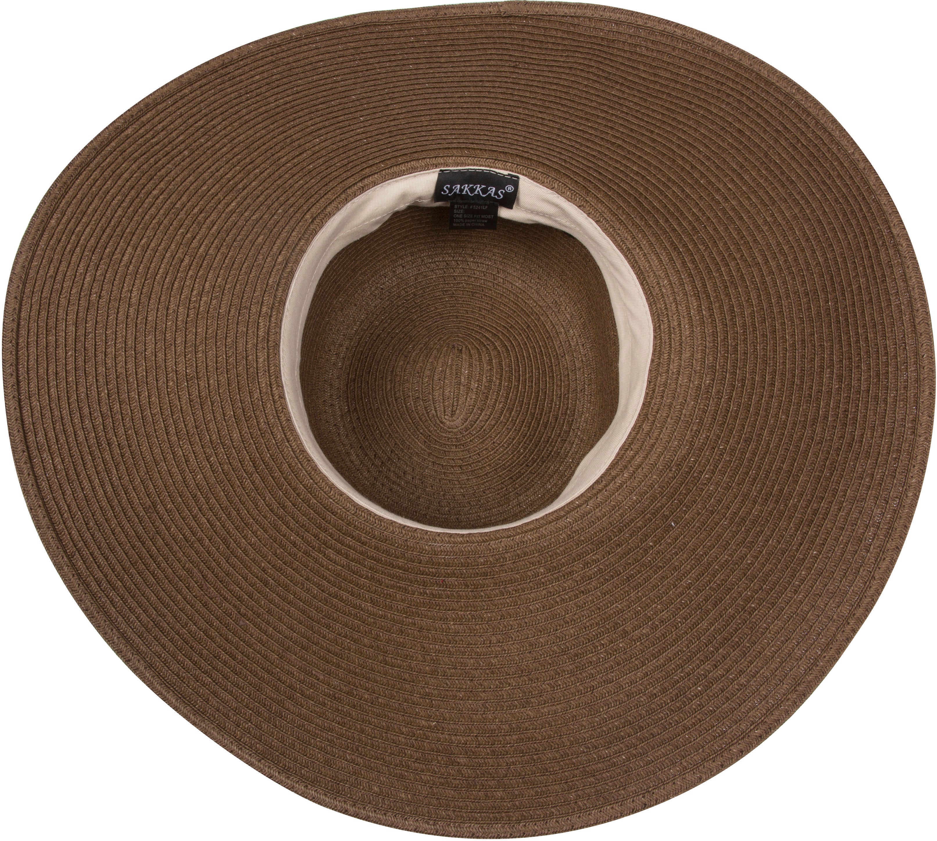 Brown straw hat with a visible brand label on a white background