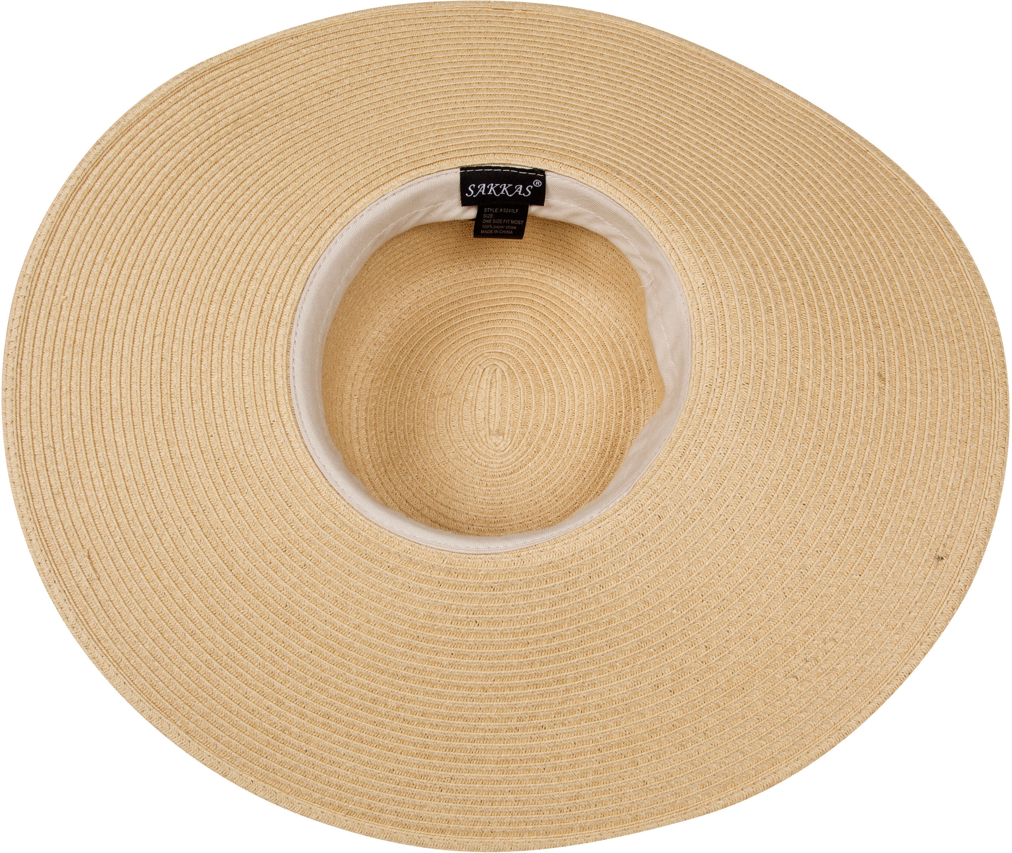 Beige straw hat with a visible brand label on a white background
