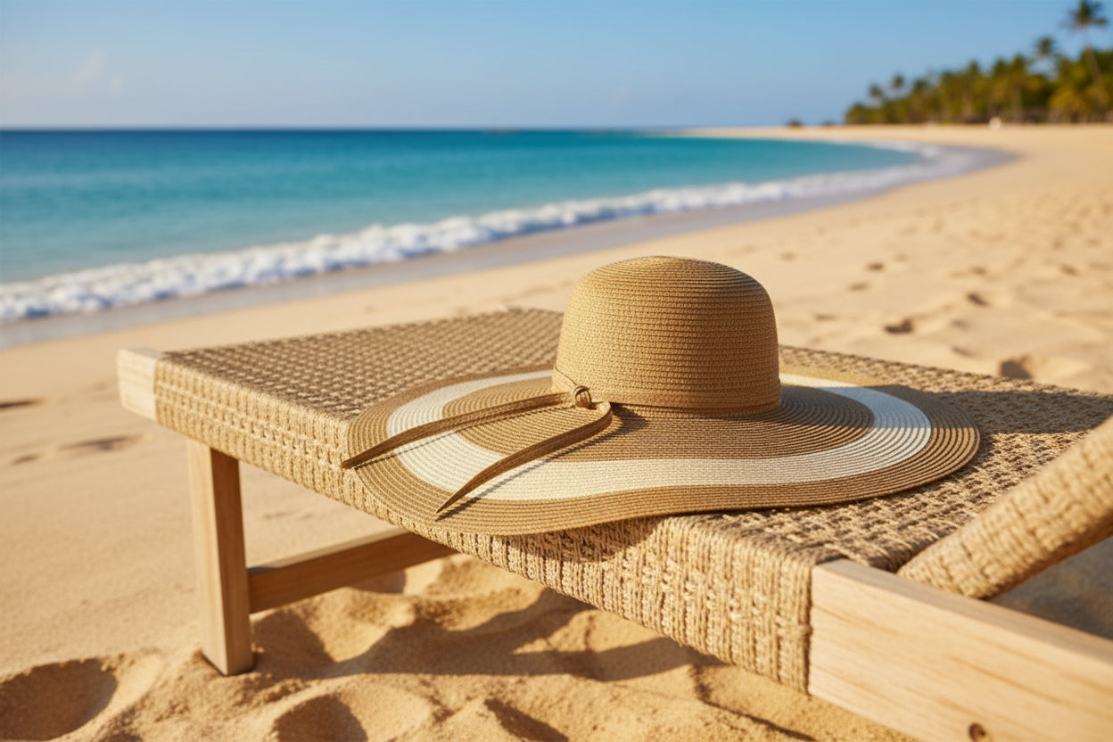 Beige and white striped sun hat with a wide brim on a white background