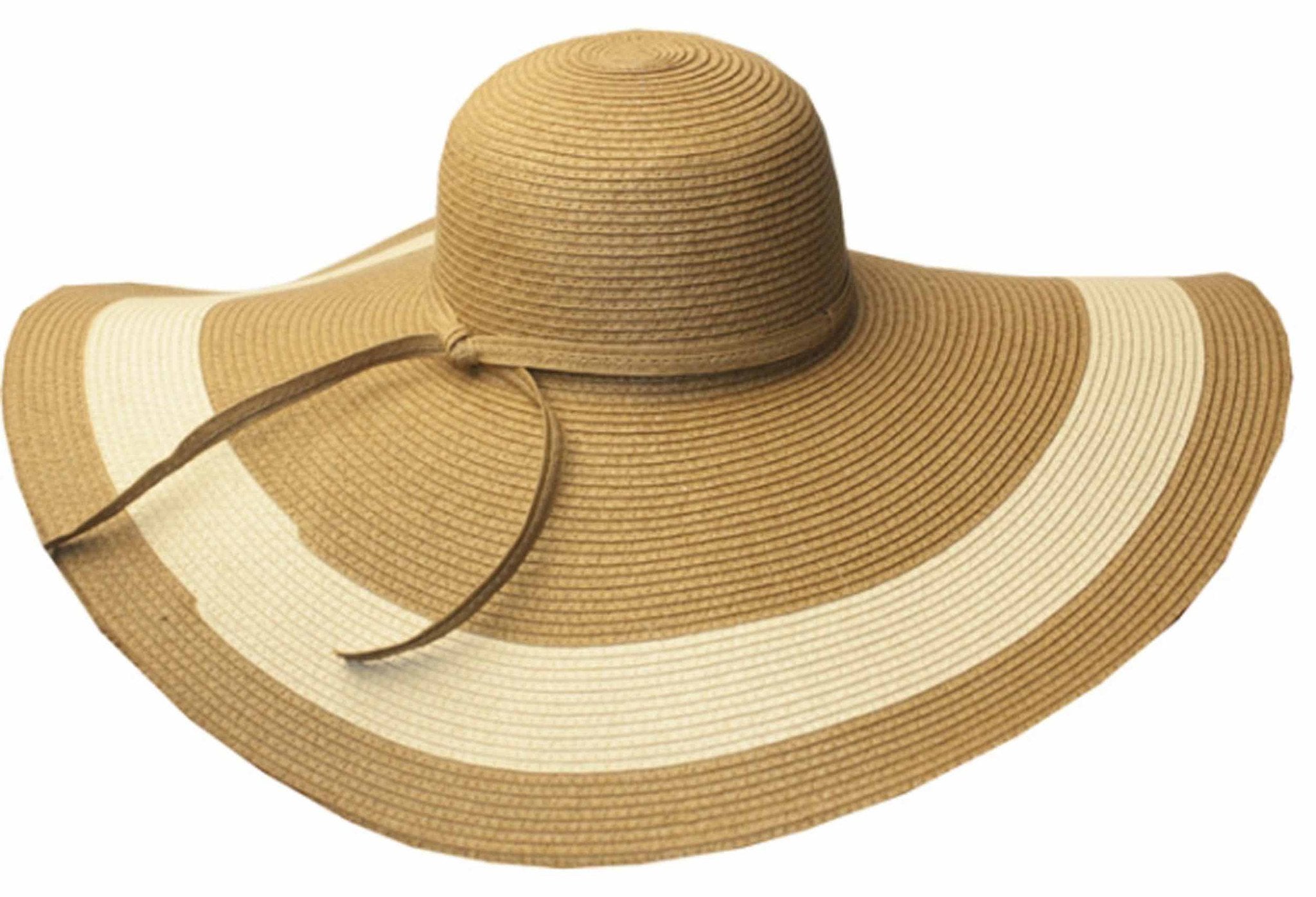 Beige and white striped sun hat with a wide brim on a white background